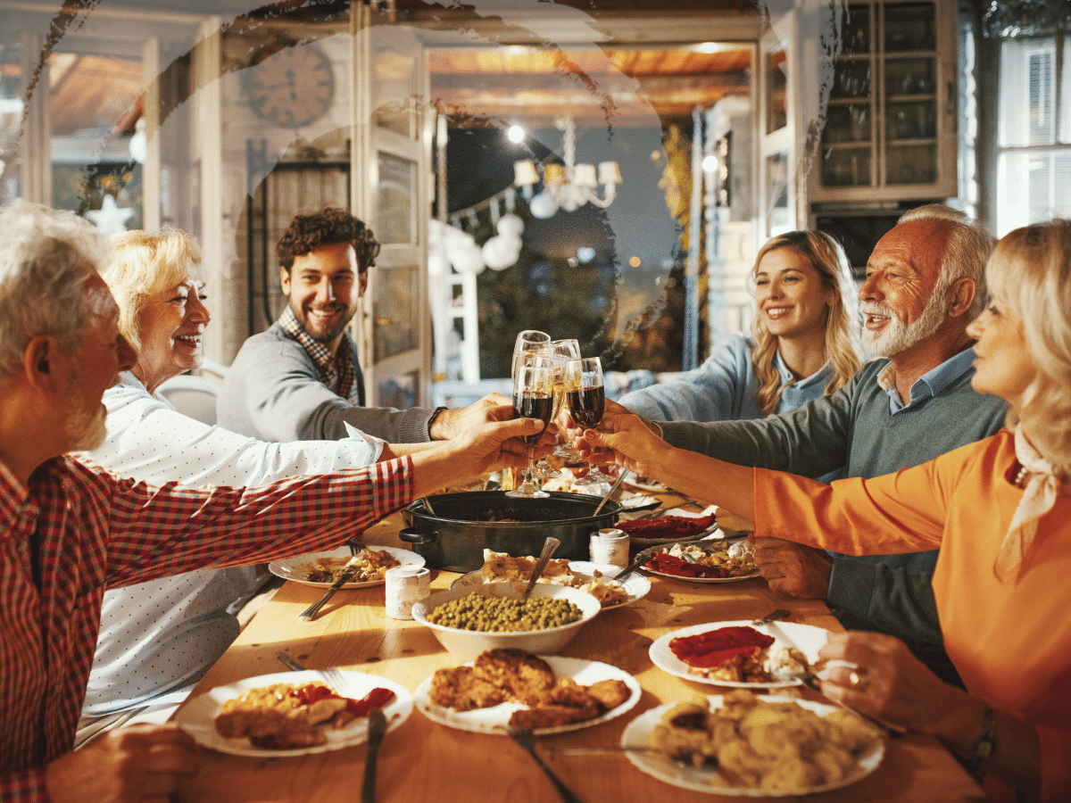 A family gathered around a dining table, symbolizing holiday family drama