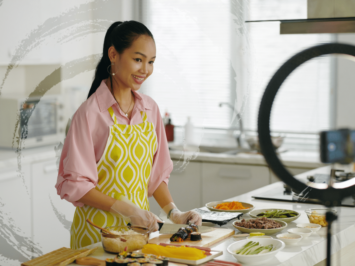 A woman filming herself making food, symbolizing the gut-brain axis and mental health