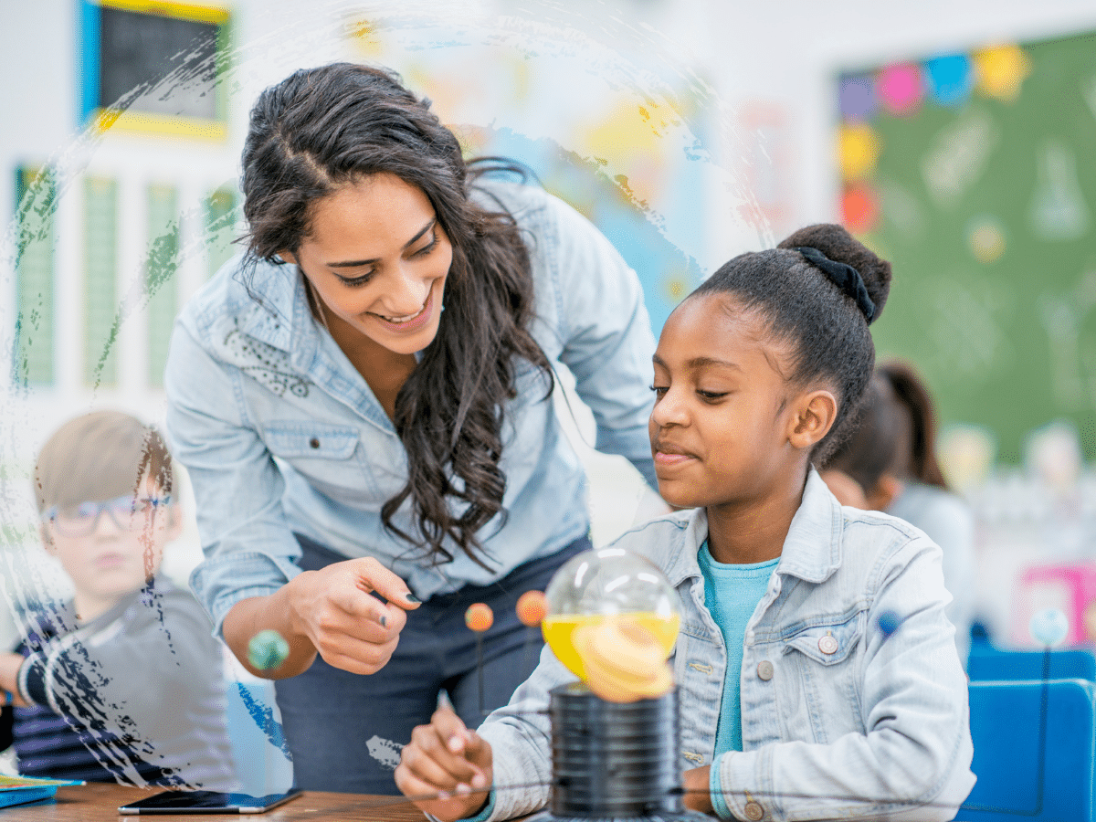 A teacher helping a student, symbolizing teacher mental health
